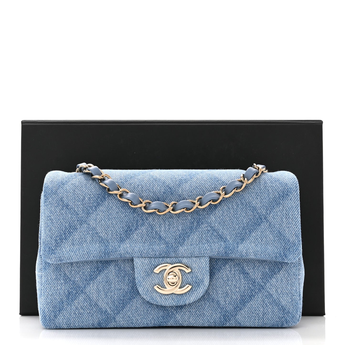 Printed Denim Quilted Mini Rectangular Flap Light Blue