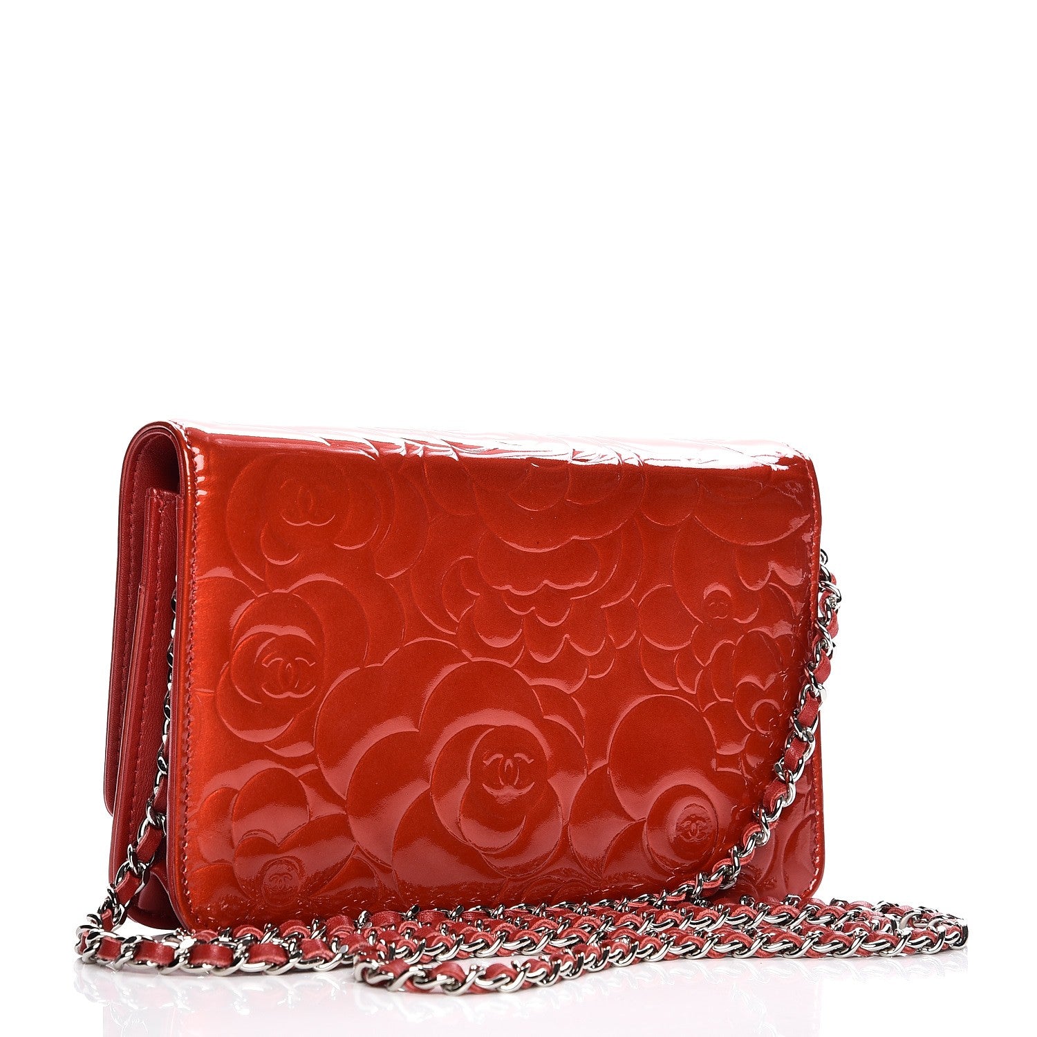 Chanel Patent Camellia Embossed Wallet On Chain WOC Dark Red 3 of 9