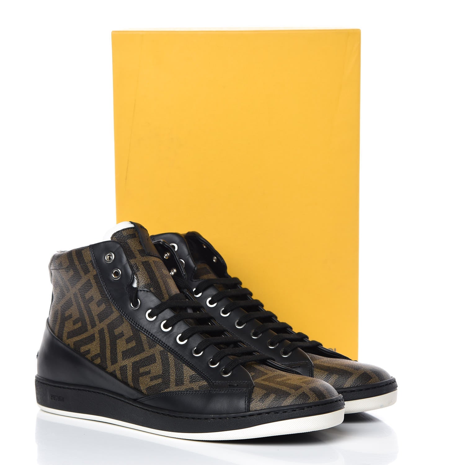 Fendi Glazed Fabric Calfskin FF Mens Wimbledon High-Top Sneakers 12 Tobacco Black White 11 of 11