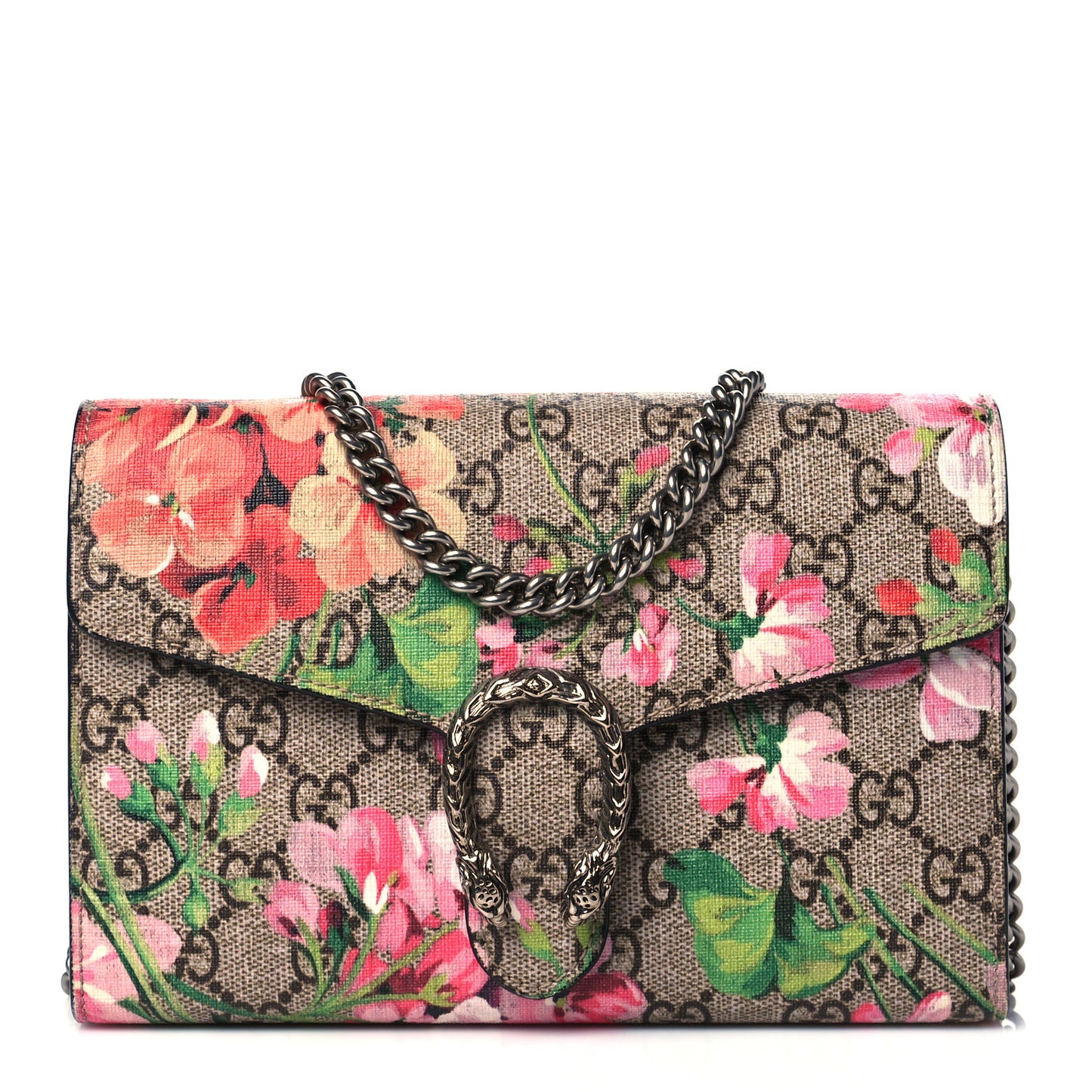 GG Supreme Monogram Blooms Mini Dionysus Chain Wallet Beige Multicolor Dry Rose