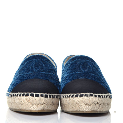 Chanel Velvet Grosgrain Quilted Camellia CC Espadrilles 37 Navy Black 2 of 7