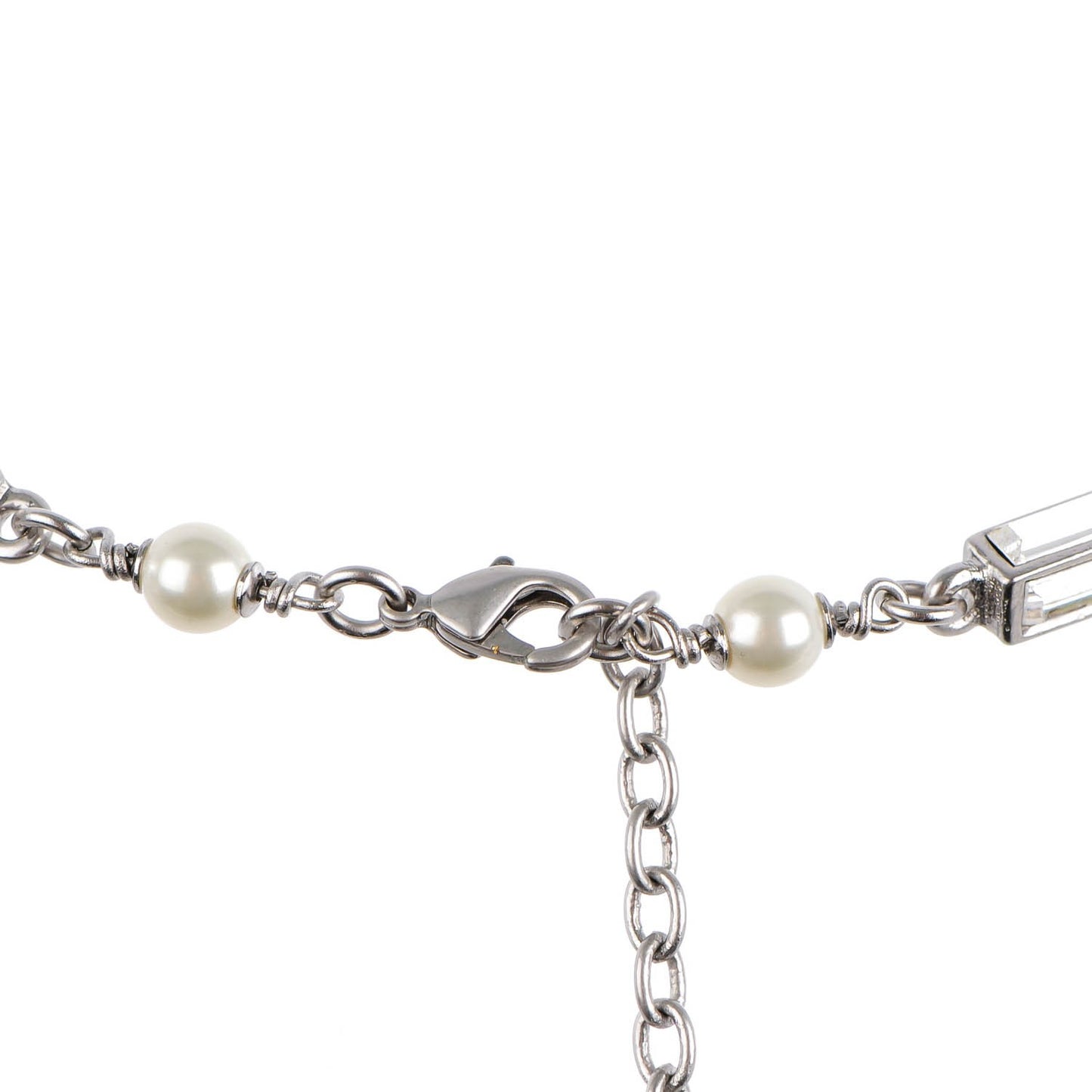Crystal Baguette Pearl Bow Necklace Silver