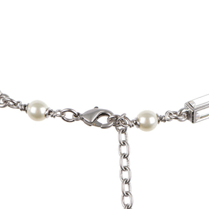 Chanel Crystal Baguette Pearl Bow Necklace Silver 3 of 6