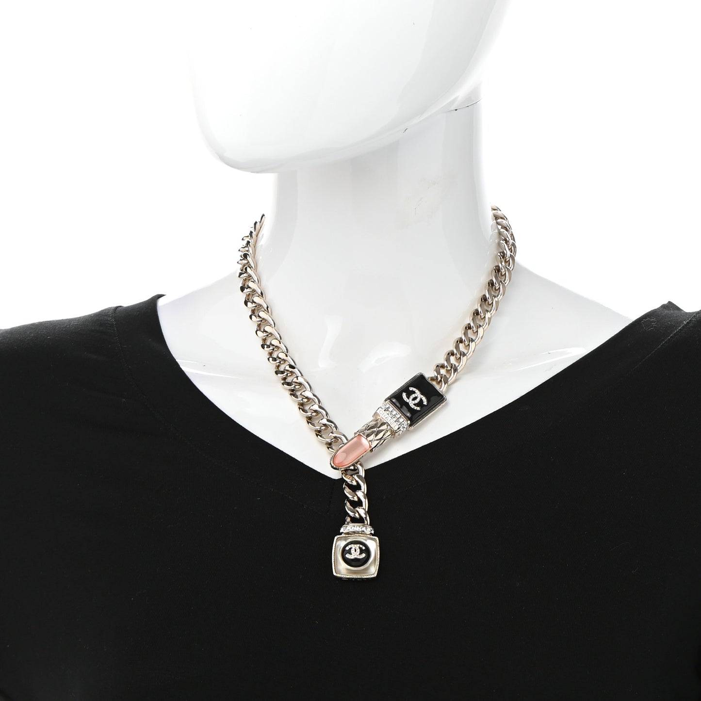 Metal Strass Pearl Lipstick Necklace Pink Gold