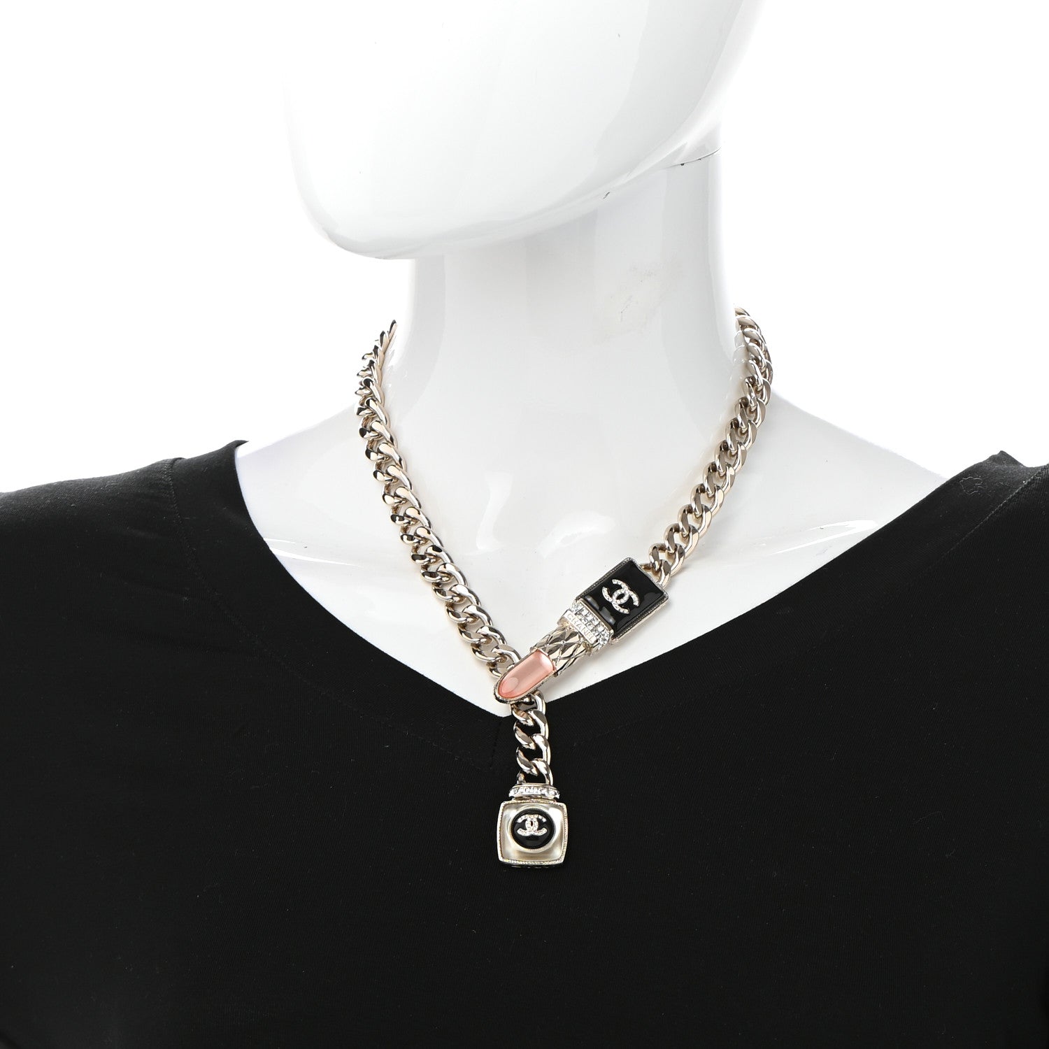 Chanel Metal Strass Pearl Lipstick Necklace Pink Gold 2 of 7