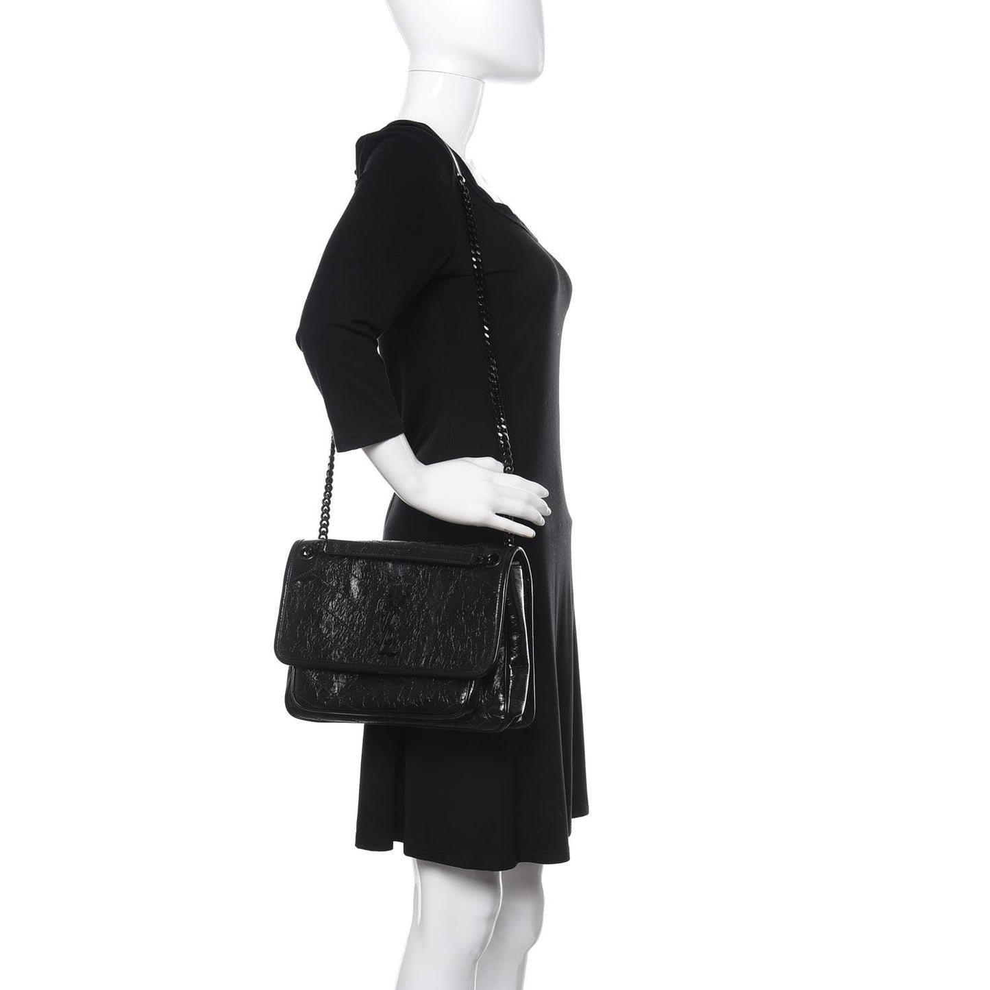 Crinkled Calfskin Matelasse Monogram Medium Niki Chain Satchel Black