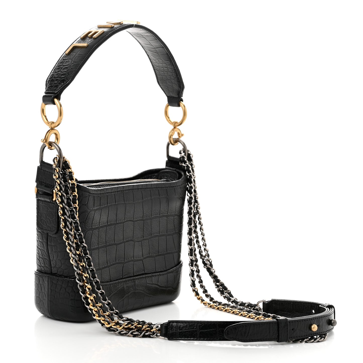 Crocodile Embossed Calfskin Small Gabrielle Cocodile Hobo Black