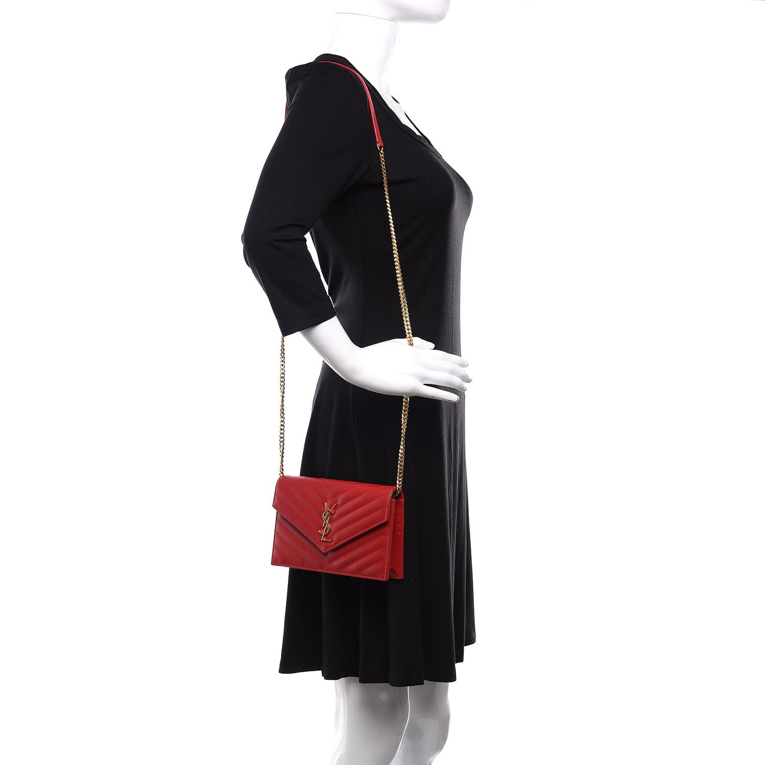 Saint Laurent Grain De Poudre Matelasse Chevron Monogram Envelope Chain Wallet New Red 2 of 11