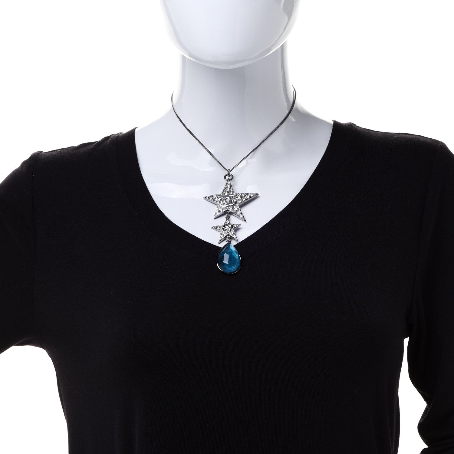 Chanel Crystal Resin CC Star Drop Necklace Silver Blue 2 of 6