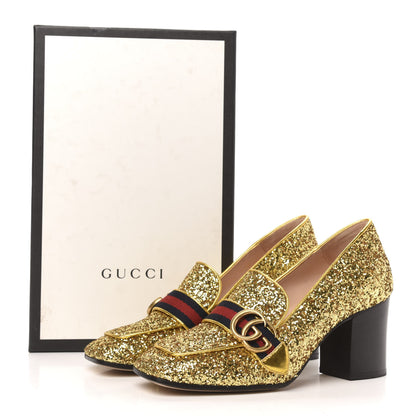 Gucci Glitter Nappa Web Peyton 75mm Loafer Pumps 37.5 Oro Vecchio 9 of 9