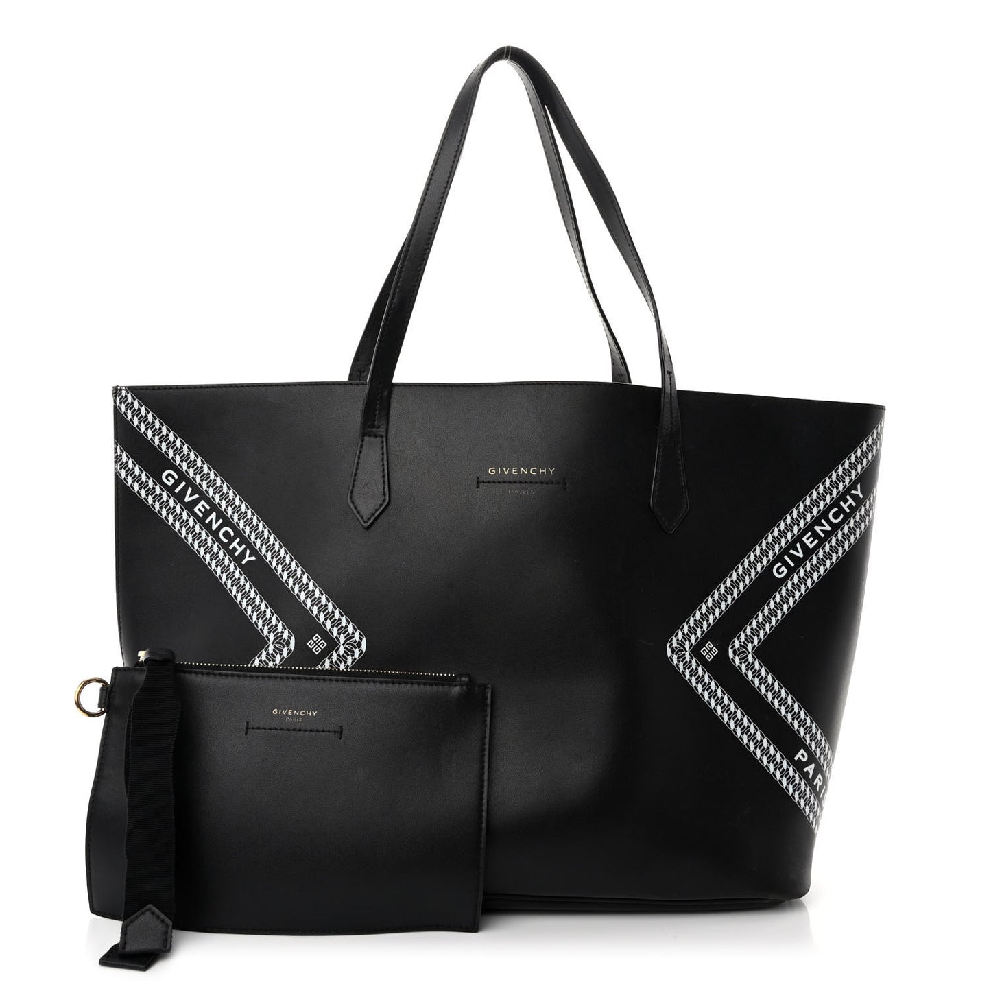Smooth Calfskin Logo Chain Wing Shopper Tote Black White