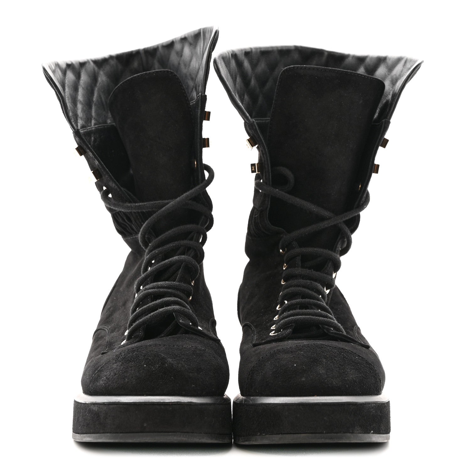 Chanel Suede Quilted Lace Up Combat Boots 38.5 Black 3 of 13