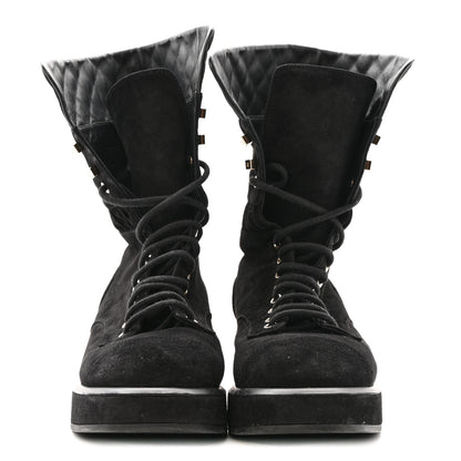 Chanel Suede Quilted Lace Up Combat Boots 38.5 Black 3 of 13