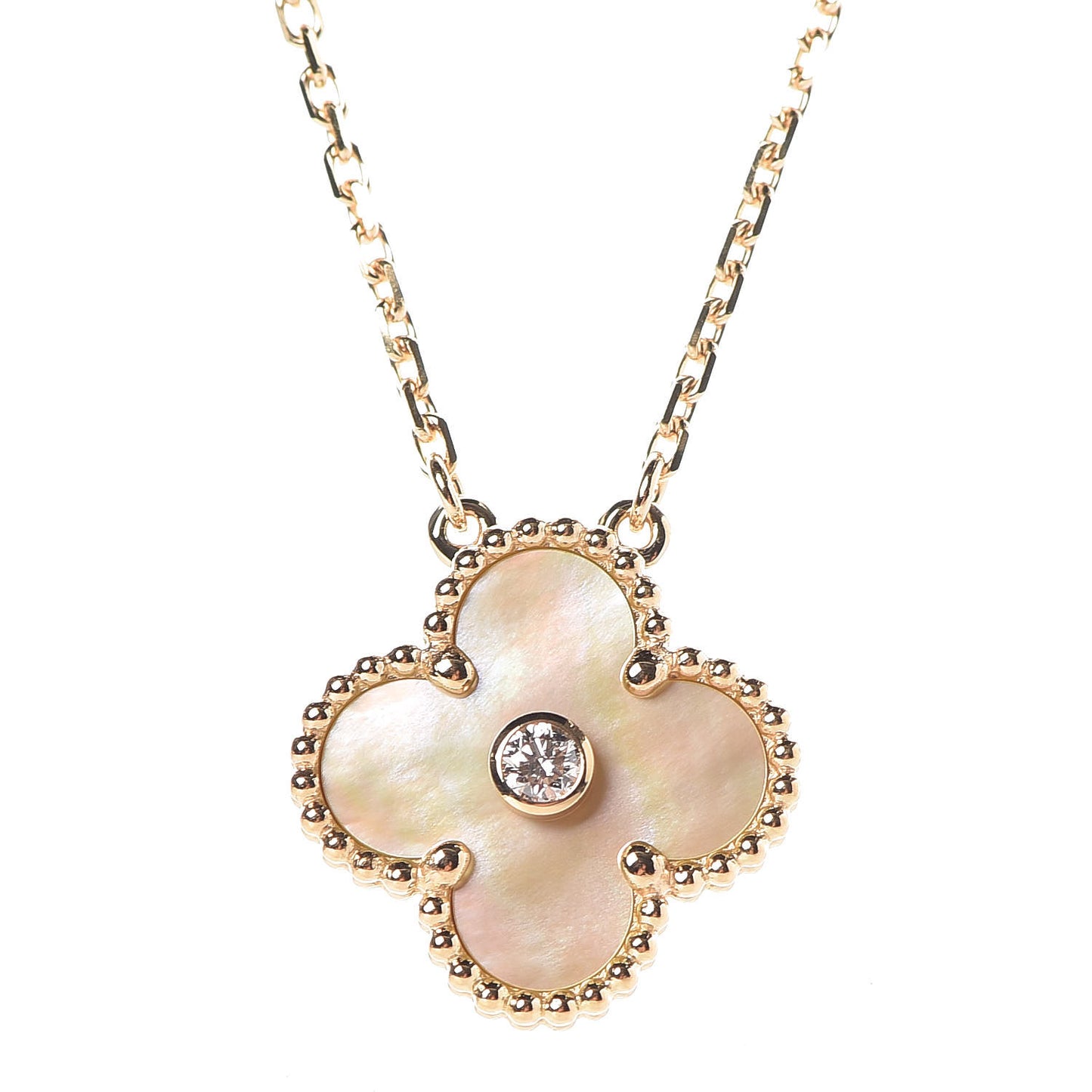 18K Yellow Gold Diamond Yellow Mother of Pearl Vintage Alhambra Pendant Necklace