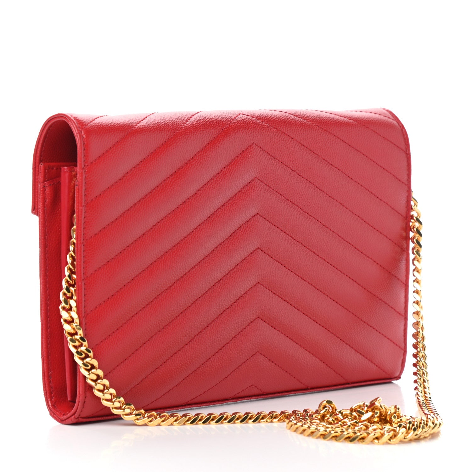 Saint Laurent Grain De Poudre Matelasse Chevron Monogram Chain Wallet New Red 4 of 8