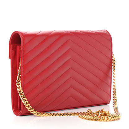 Saint Laurent Grain De Poudre Matelasse Chevron Monogram Chain Wallet New Red 4 of 8