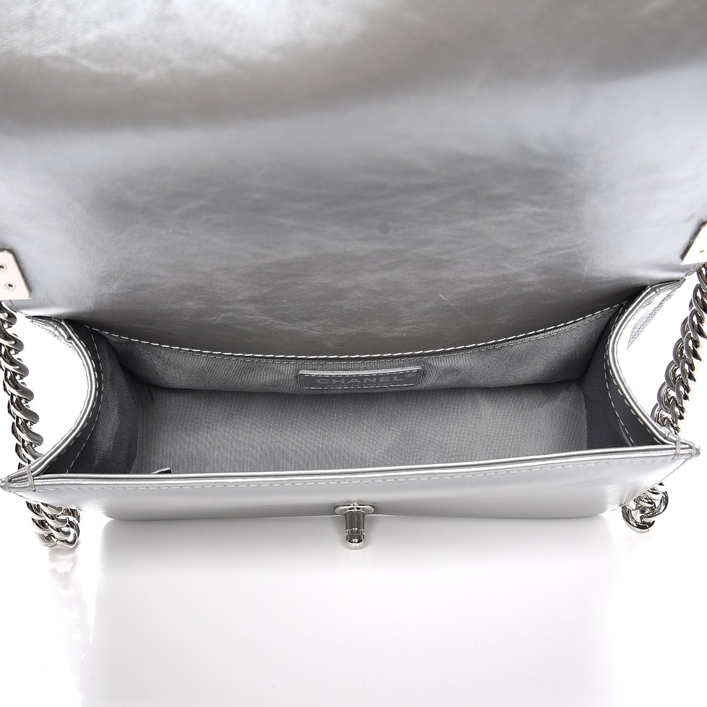 Metallic Calfskin Chevron Quilted Medium Boy Chained Flap Silver