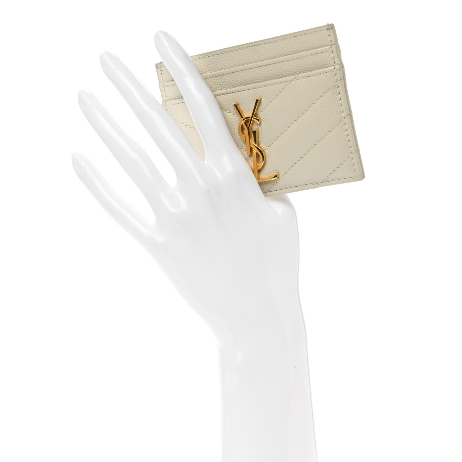 Saint Laurent Grain De Poudre Matelasse Chevron Monogram Credit Card Case Sea Salt 2 of 7