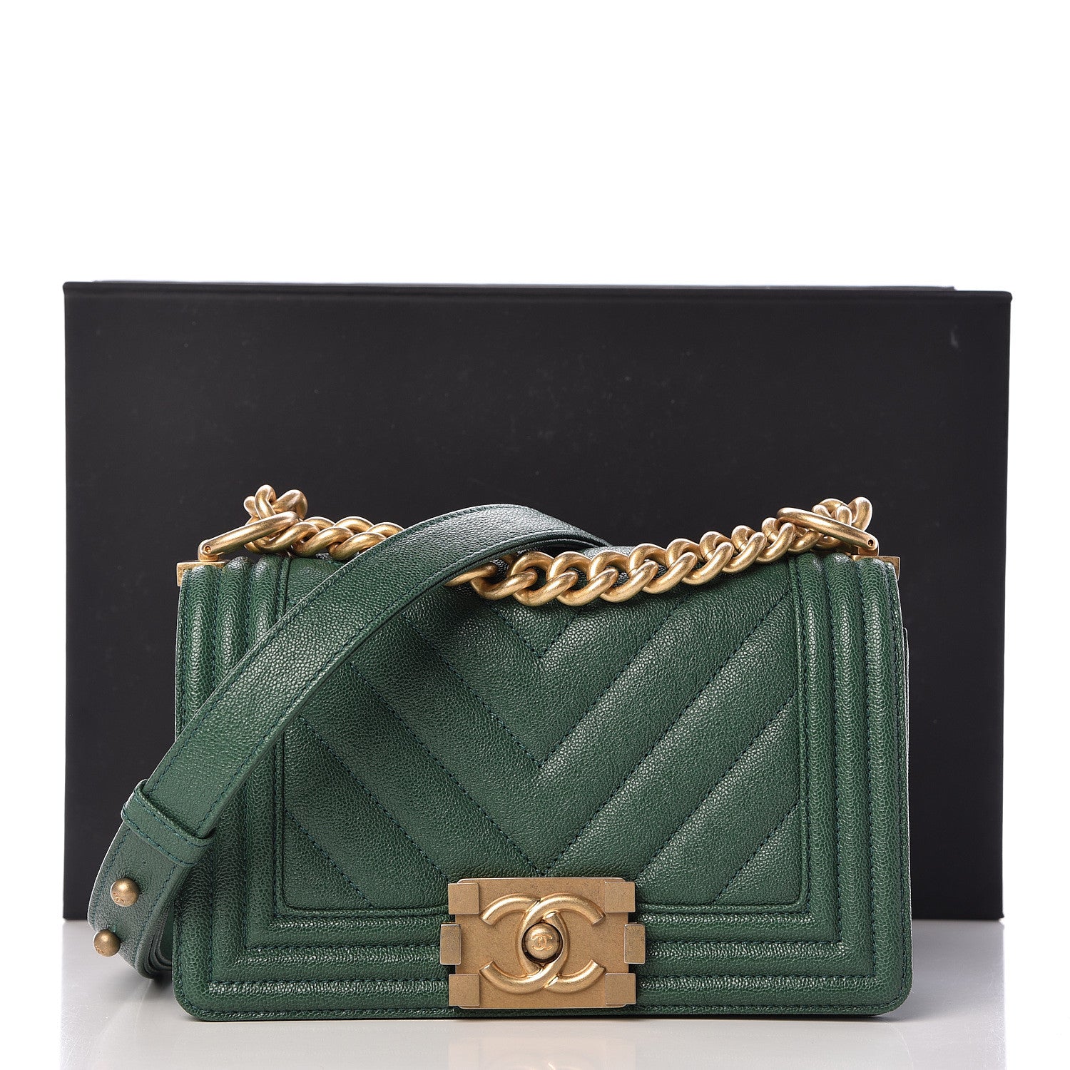 Chanel Caviar Chevron Quilted Small Boy Flap Green 11 of 11