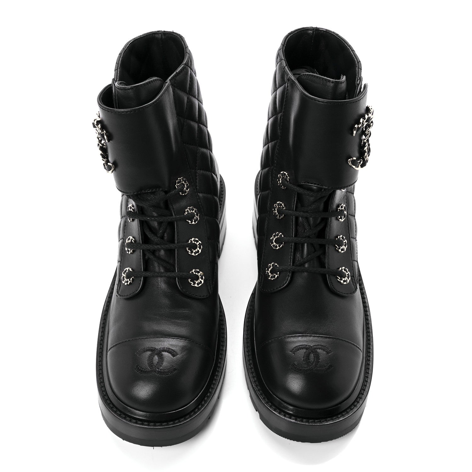 Chanel Shiny Lambskin Quilted Lace Up Combat Boots 39 Black 5 of 10