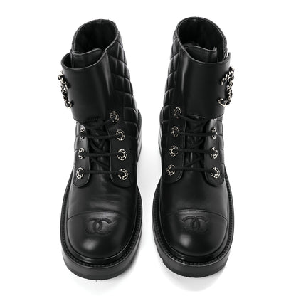 Chanel Shiny Lambskin Quilted Lace Up Combat Boots 39 Black 5 of 10