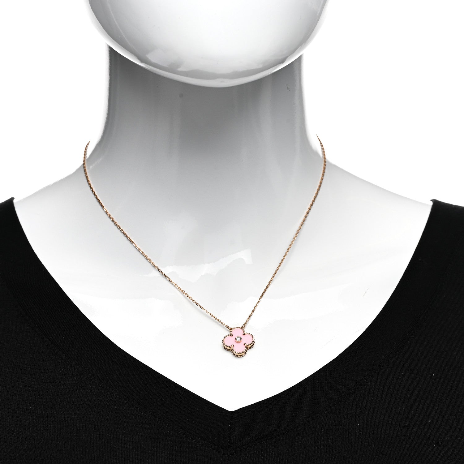 Van Cleef & Arpels 18K Rose Gold Diamond Pink Porcelain Vintage Alhambra Pendant Necklace 2 of 5