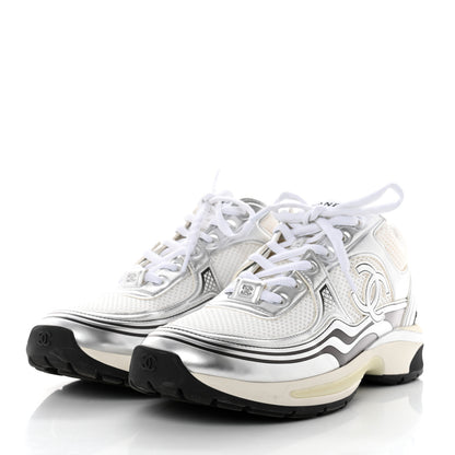 Chanel Fabric Laminated Calfskin Stretch CC Sneakers 41 White Silver 3 of 9