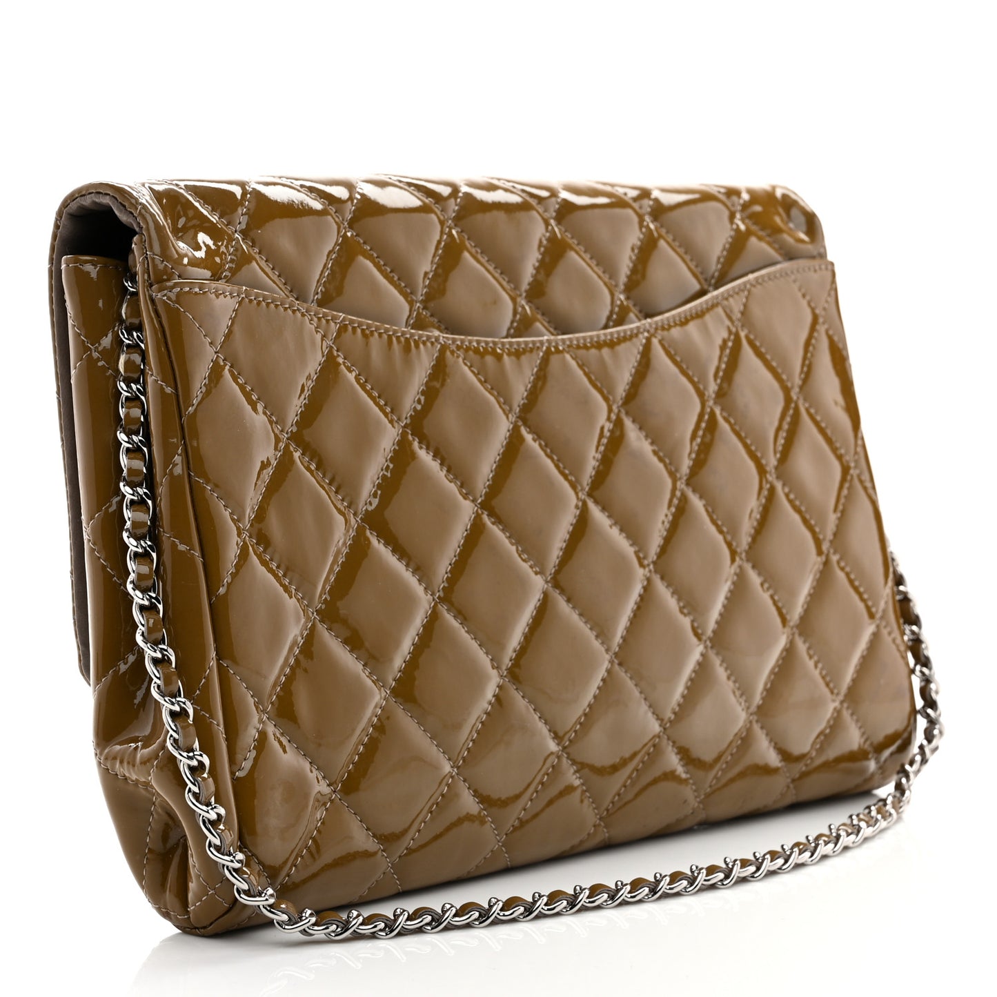 Patent Quilted Clutch with Chain Flap Grey