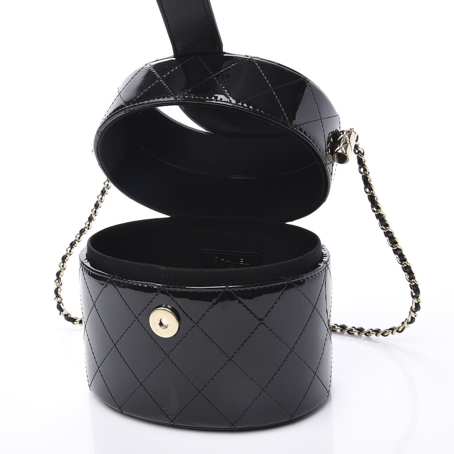 Patent Quilted Round Clutch With Chain Black