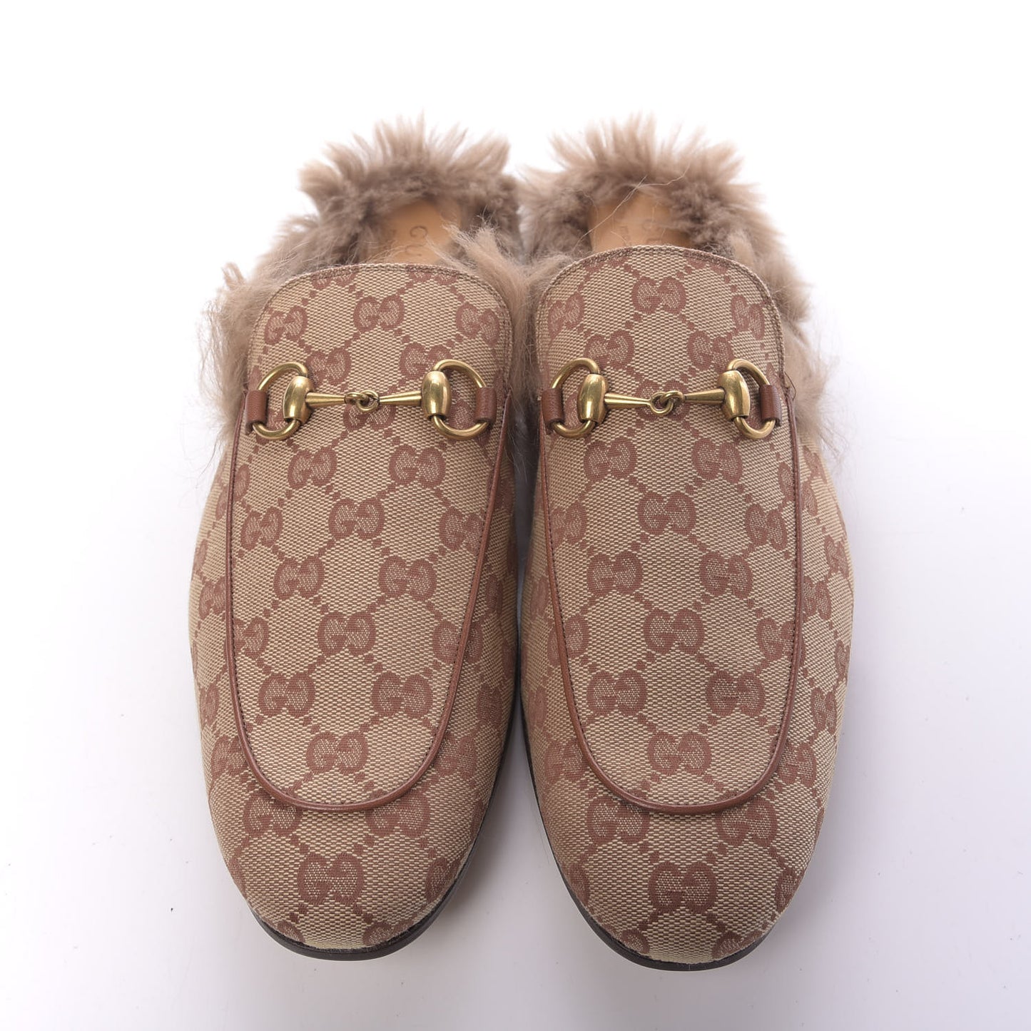 GG Monogram Fur Mens Princetown Slippers 9 Beige Ruggine Rust
