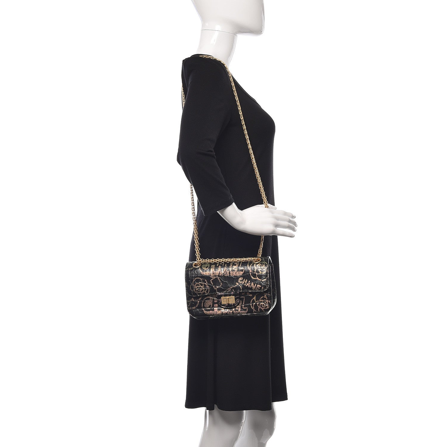 Chanel Calfskin Crocodile Embossed Graffiti 2.55 Mini Cocodile Reissue Flap Black Pink 2 of 11