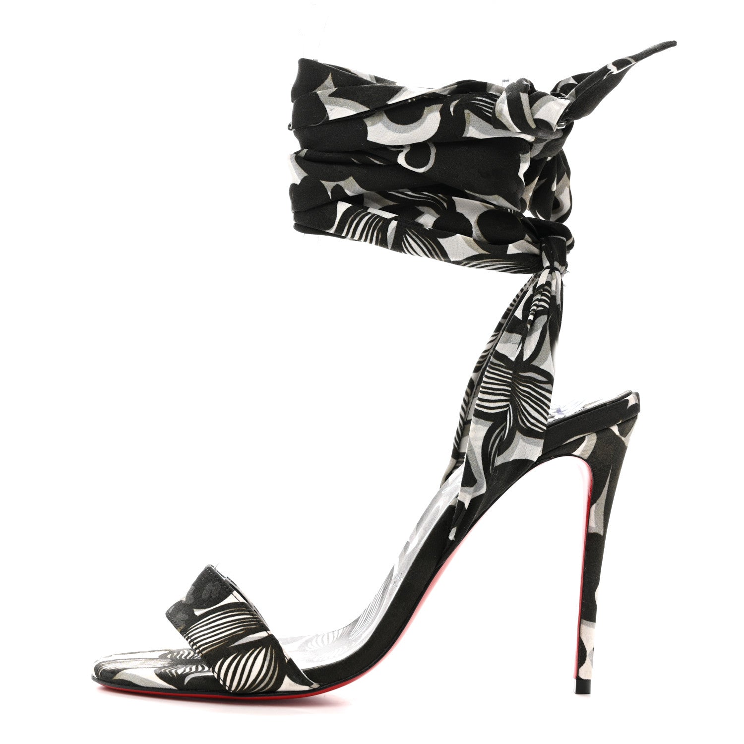Christian Louboutin Crepe Satin Du Desert 100 Ankle Wrap Sandals 37.5 Black White 1 of 9