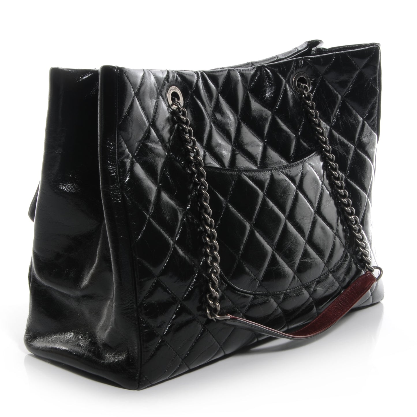 Glazed Calfskin Large Front Flap Tote Black