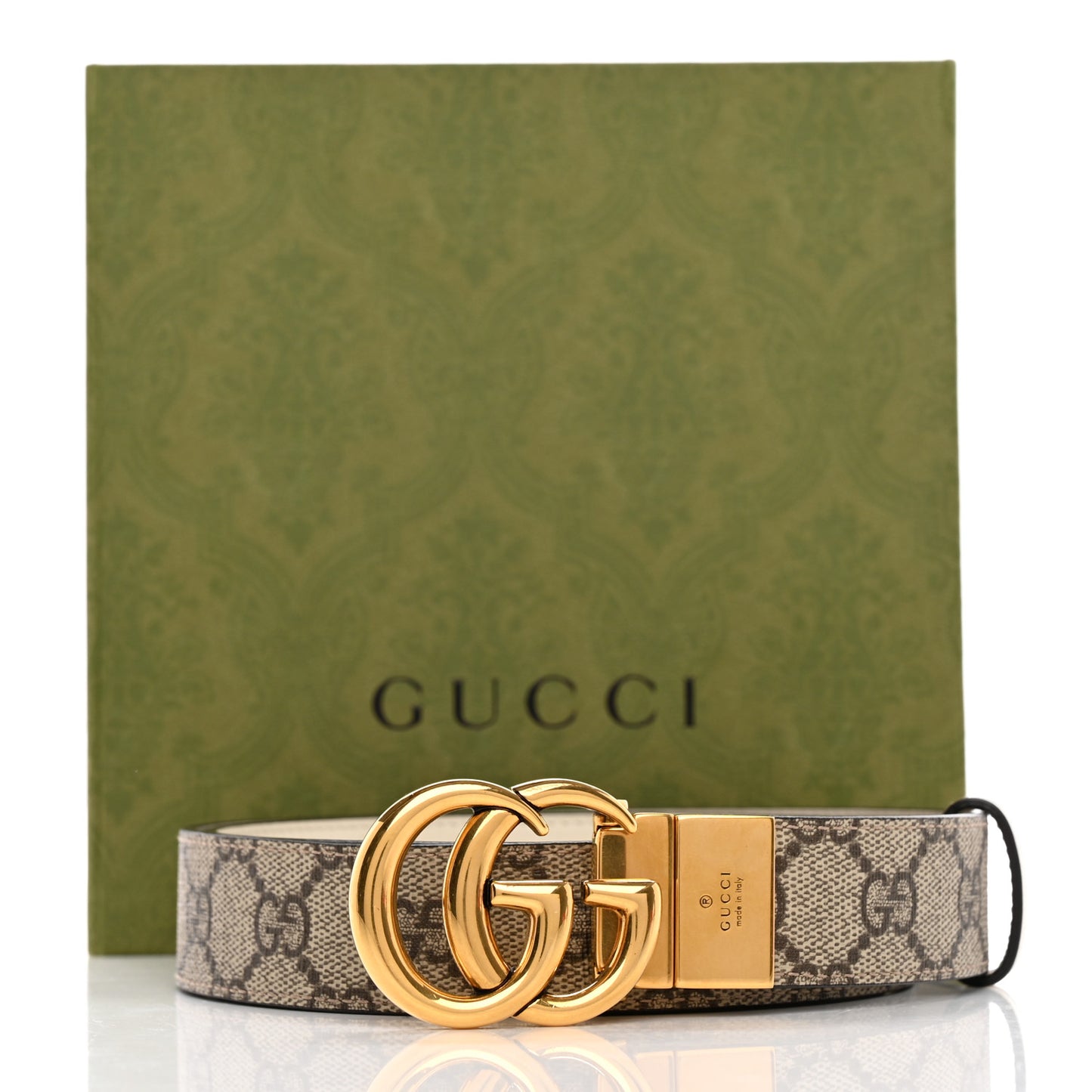 GG Supreme Monogram Plutone Calfskin Double G Reversible 30mm Belt 90 36 Beige Ebony Mystic White