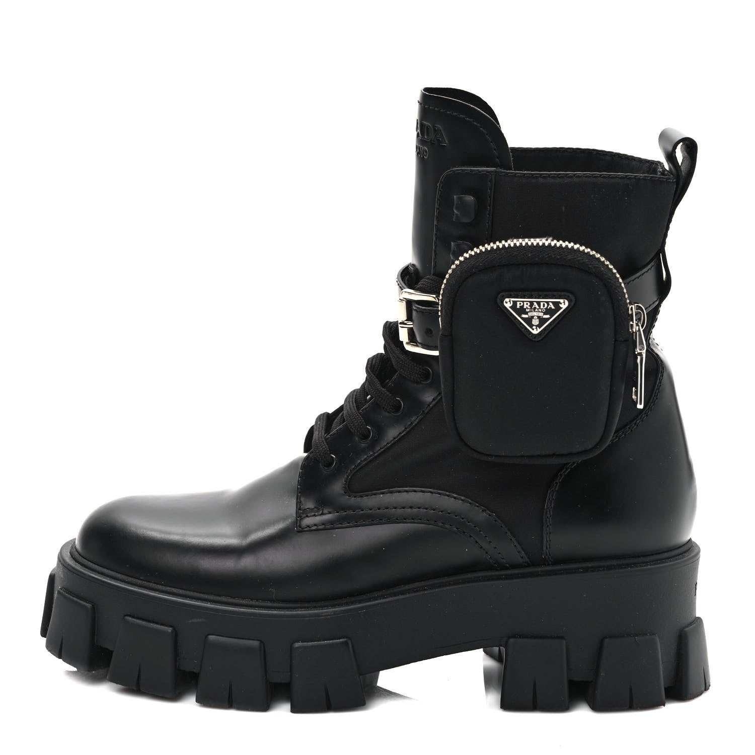 Prada Spazzolato Rois Nylon Metal Triangle Logo Monolith Pouch Pocket 55mm Boots 39.5 Black 1 of 8