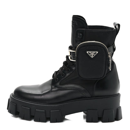 Prada Spazzolato Rois Nylon Metal Triangle Logo Monolith Pouch Pocket 55mm Boots 39.5 Black 1 of 8