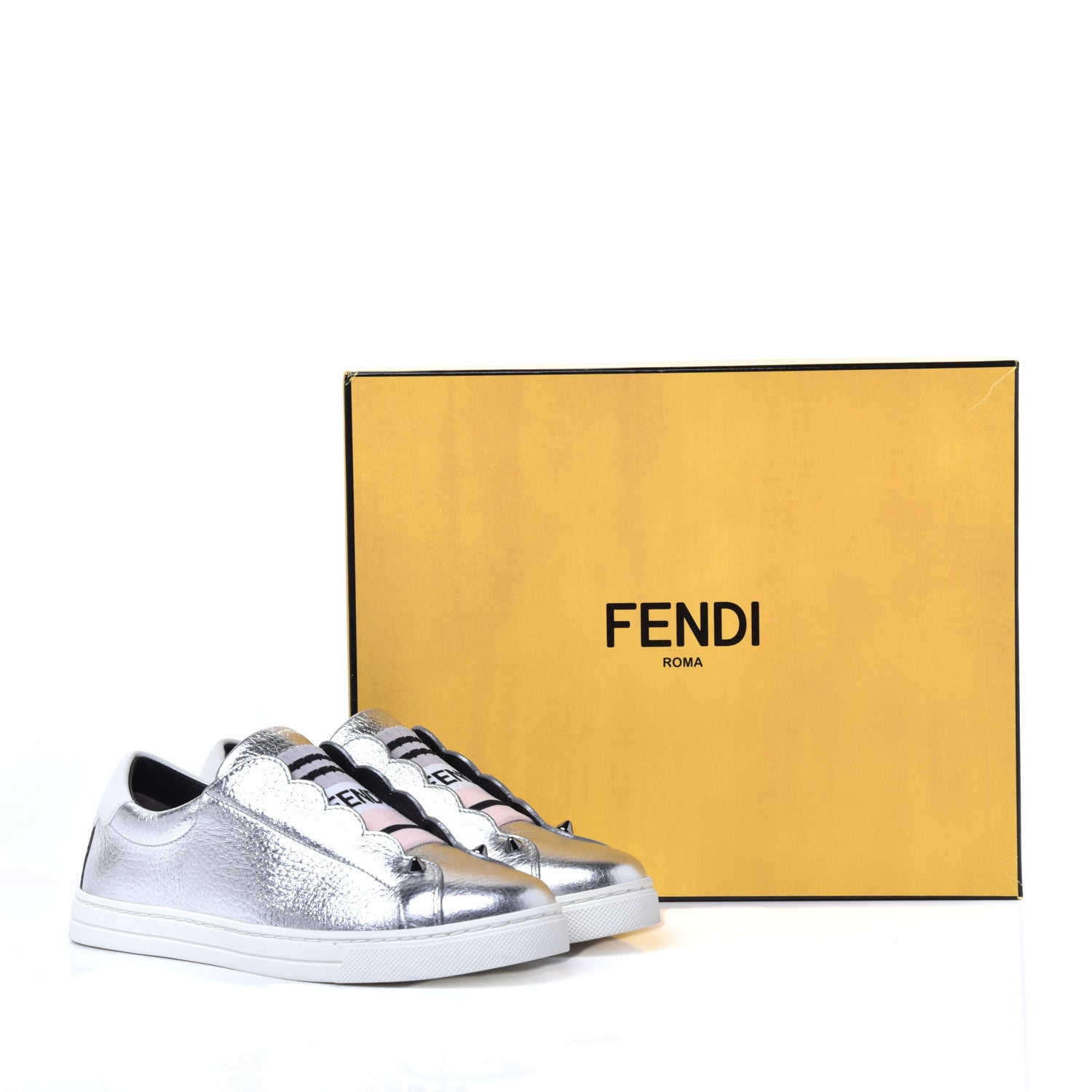 Fendi Metallic Vitello Lurex Rockoclick Slip On Sneakers 35 Silver 9 of 9