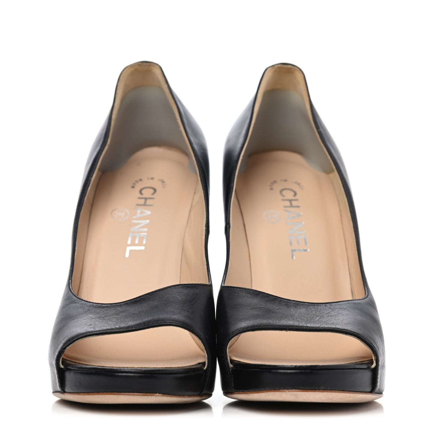 Lambskin Cork Chain CC Peep Toe Pumps 37 Black