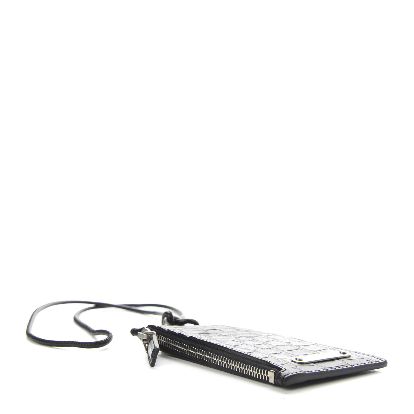 Calfskin Crocodile Embossed 5 Fragments Zip Pouch Card Holder Strap Black