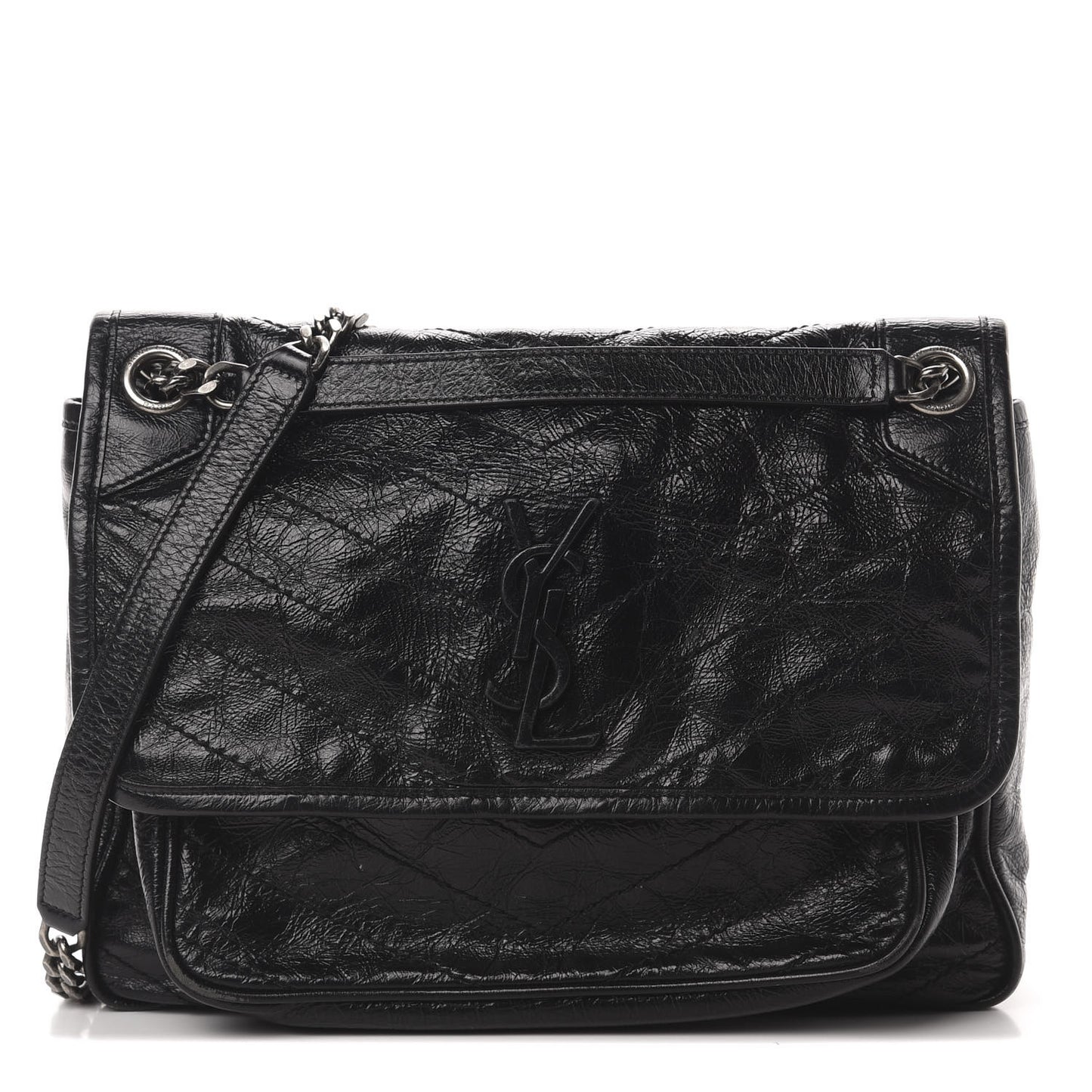 Crinkled Calfskin Matelasse Monogram Medium Niki Chain Satchel Black