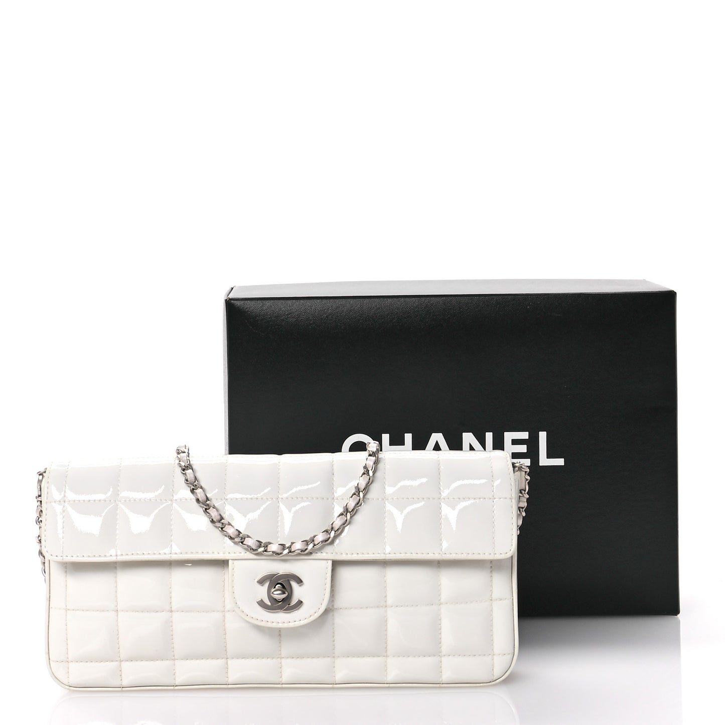 Patent Quilted East West Chocolate Bar Flap White