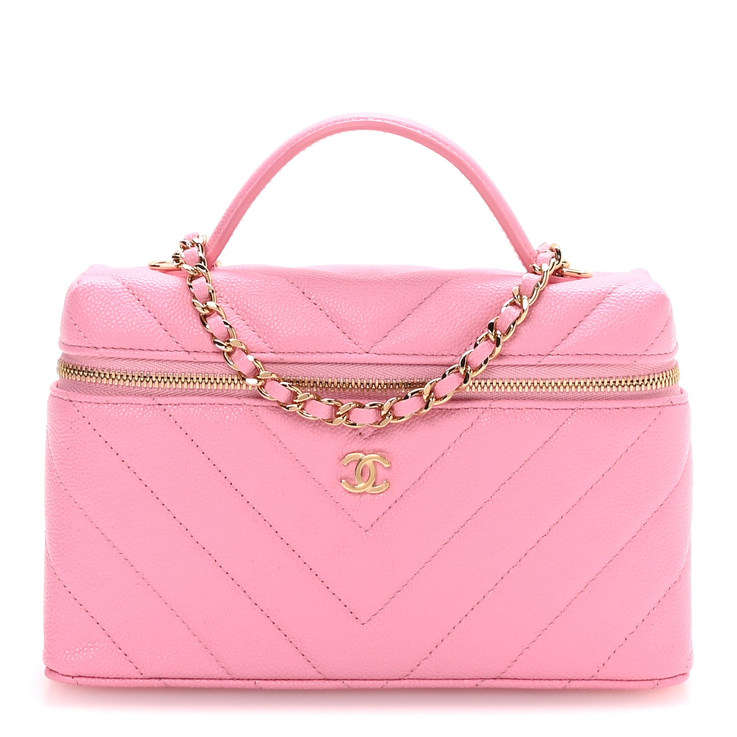 Shiny Caviar Chevron Quilted Top Handle Vanity With Chain Rose