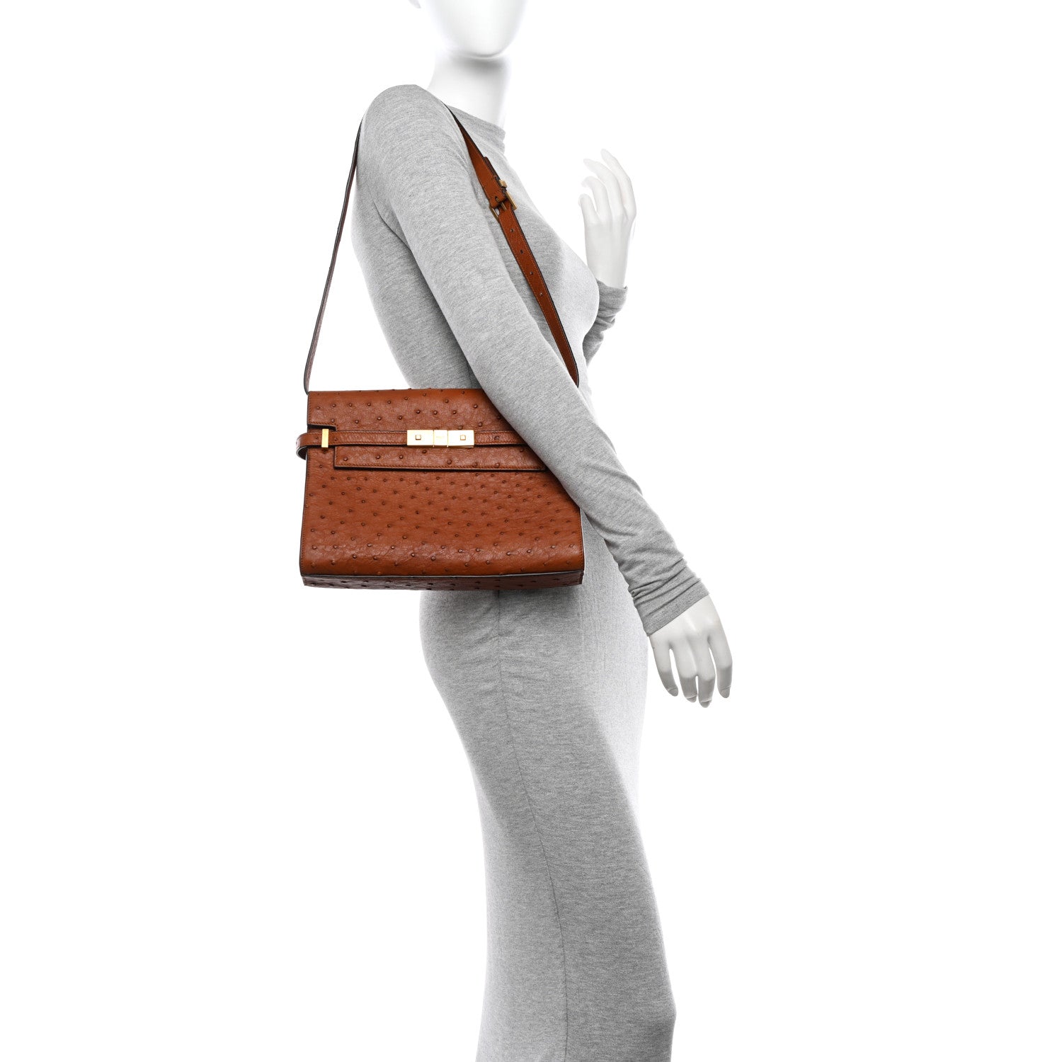 Saint Laurent Ostrich Small Manhattan Shoulder Bag Cognac 2 of 12