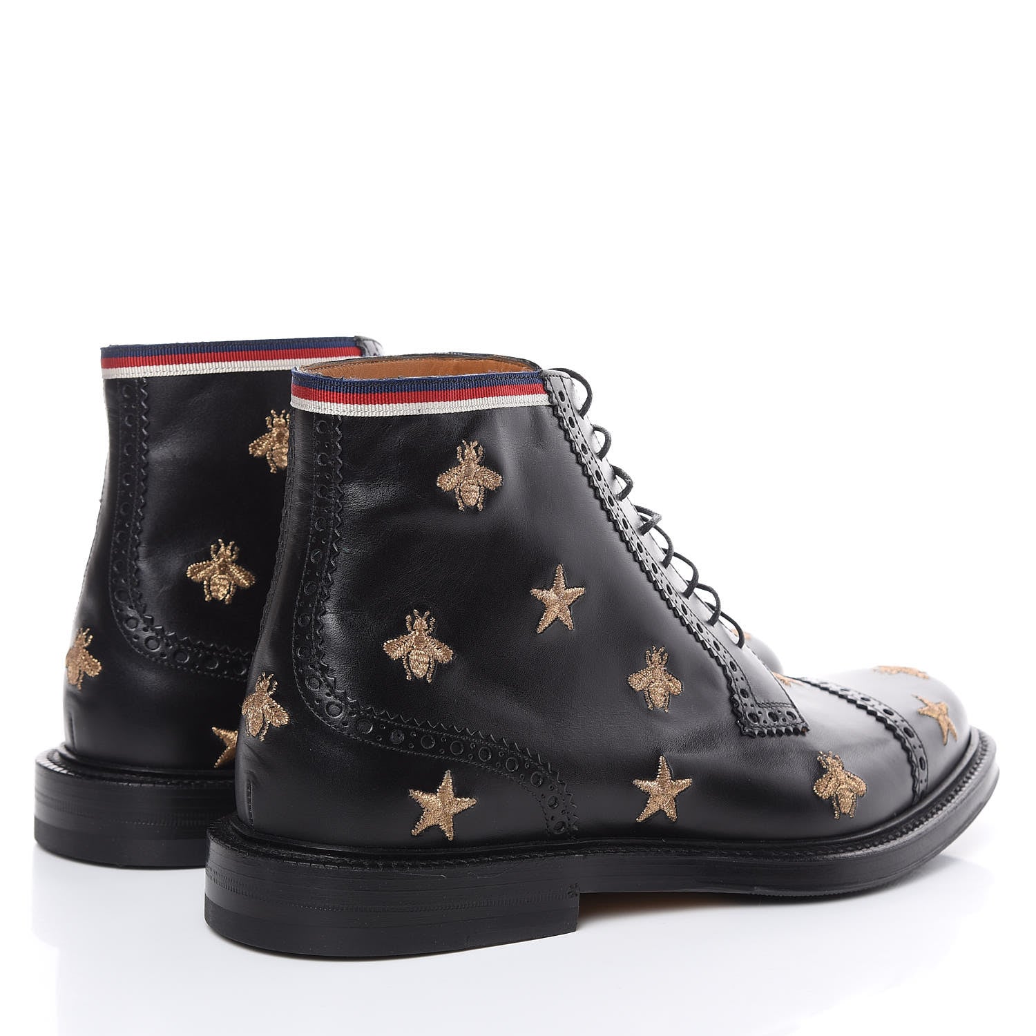 Gucci Calfskin Sylvie Web Bee Star Embroidered Mens Brogue Captoe Boots 7.5 Black 4 of 8