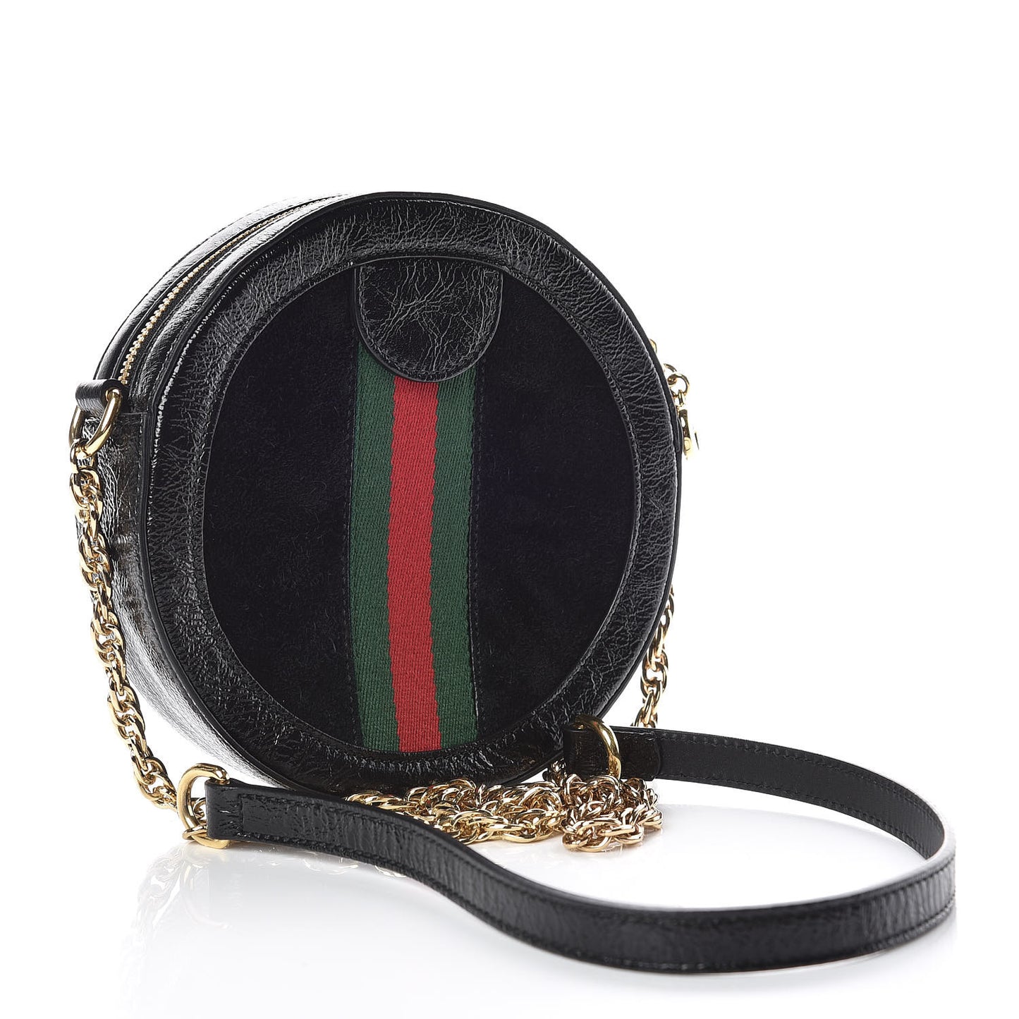 Suede Patent Web Mini Ophidia Round Shoulder Bag Black