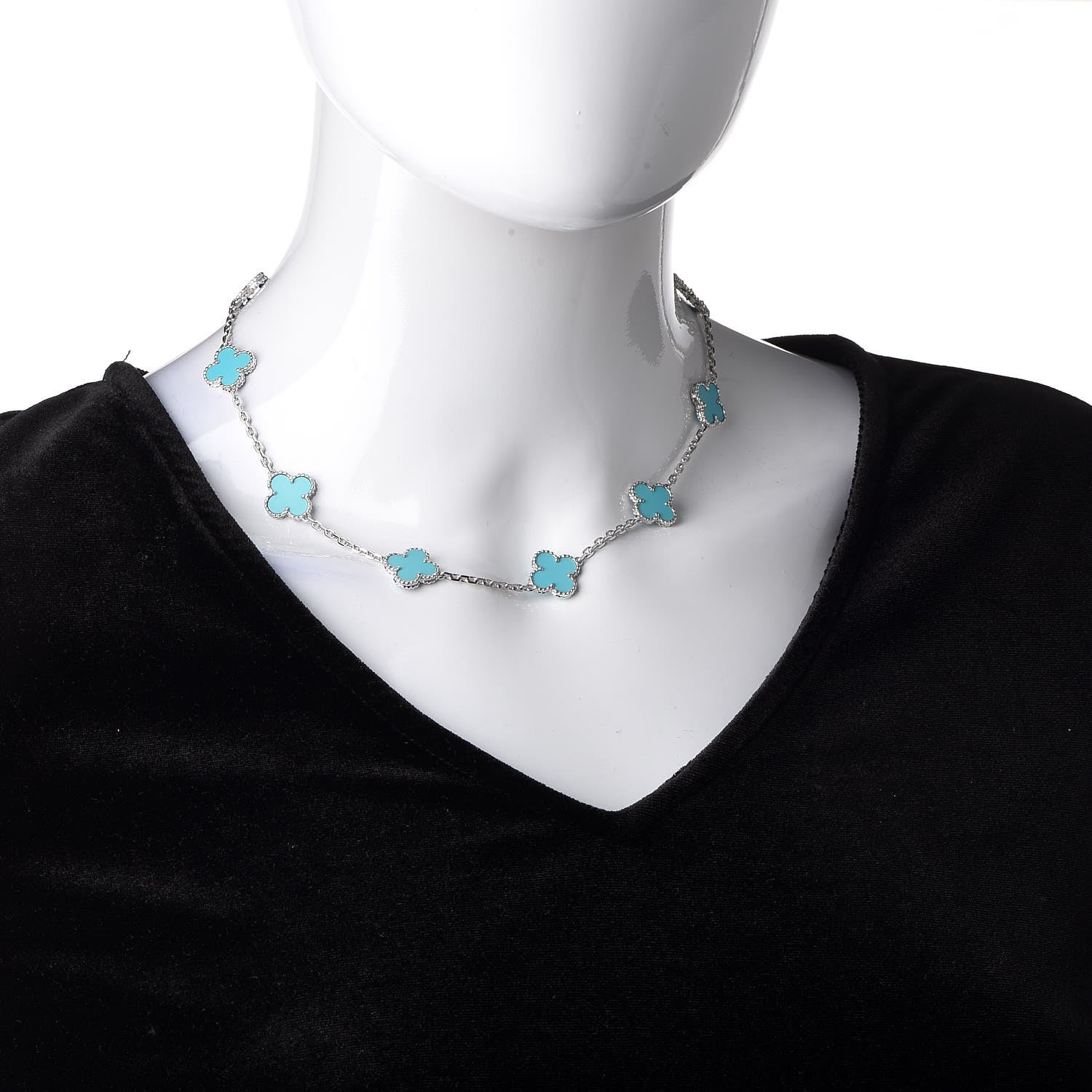 Van Cleef & Arpels 18K White Gold Turquoise 10 Motifs Vintage Alhambra Necklace 2 of 6