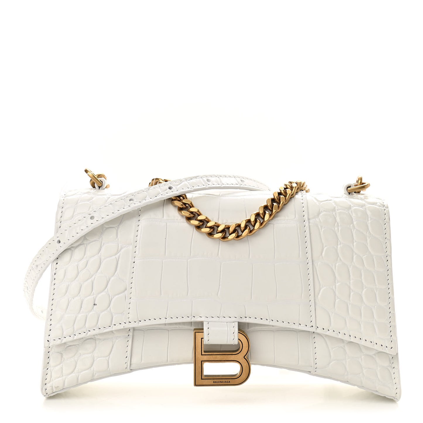 Shiny Calfskin Crocodile Embossed Hourglass Chain Bag XS White