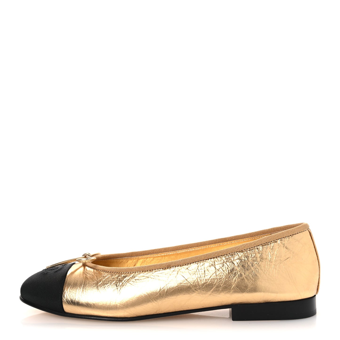 Metallic Calfskin Grosgrain Cap Toe CC Ballerina Flats 37.5 Gold