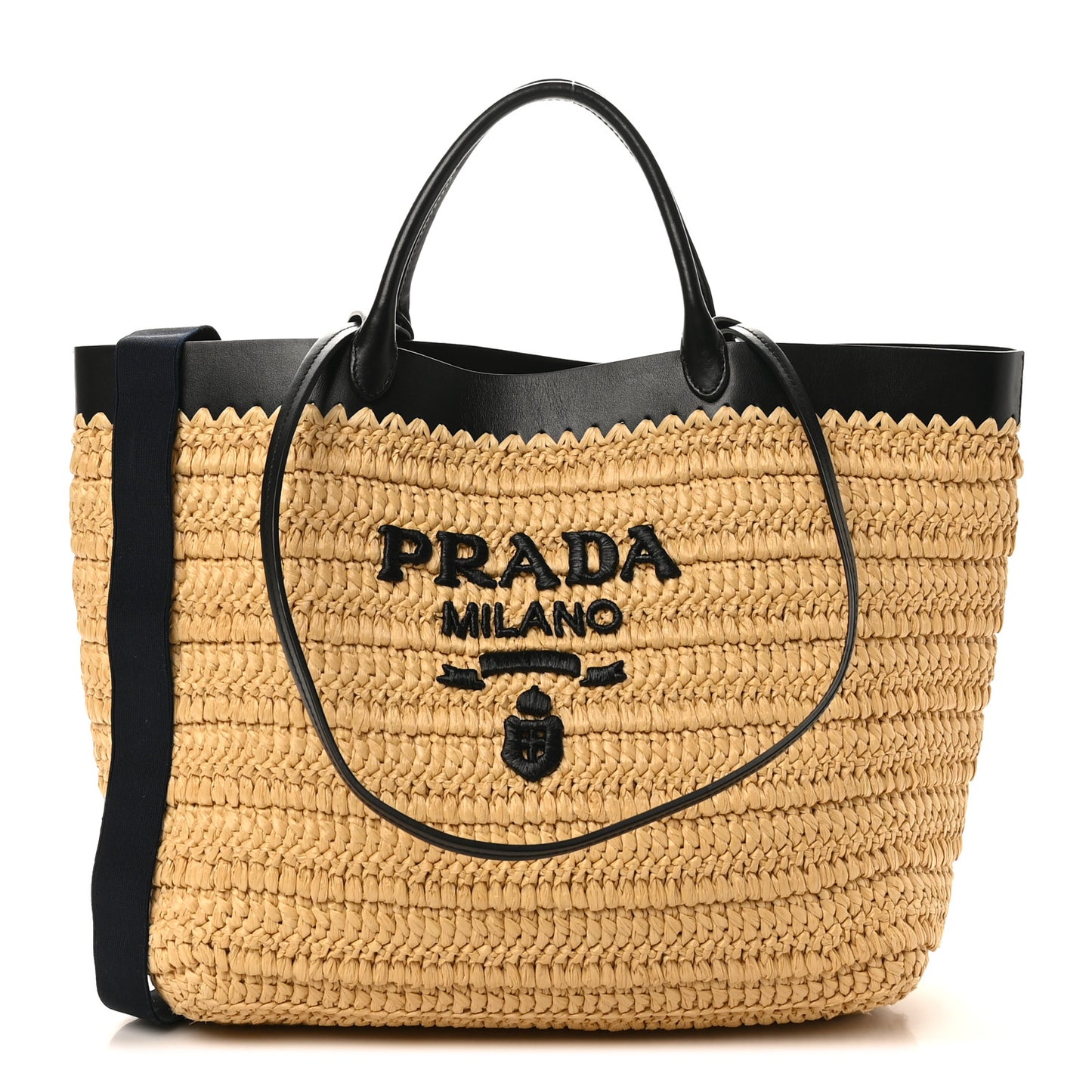 Yarn Raffia Effect Calfskin Crochet Embroidered Logo Tote Tan Black Tan Black