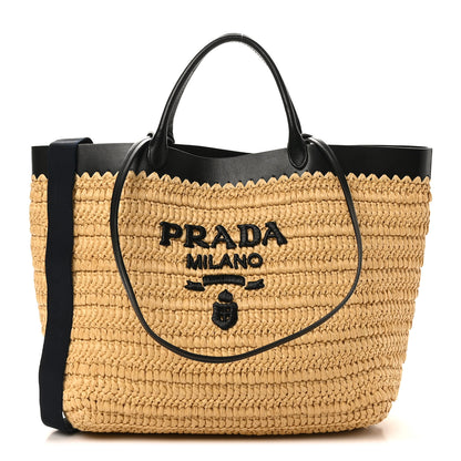 Prada Yarn Raffia Effect Calfskin Crochet Embroidered Logo Tote Tan Black Tan Black 1 of 9